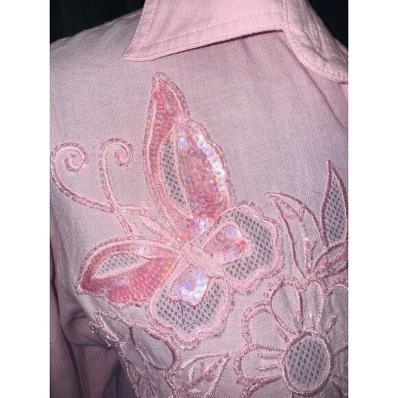 VTG Western Quacker Factory Pink Cut Out Sequin Shirt Butterfly Coastal Cowgirl - Picture 8 of 10